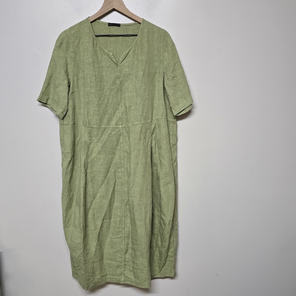 Oska Linen Dress Size 1 Green 100% Linen Relaxed Fit Short Sleeve Midi Shift